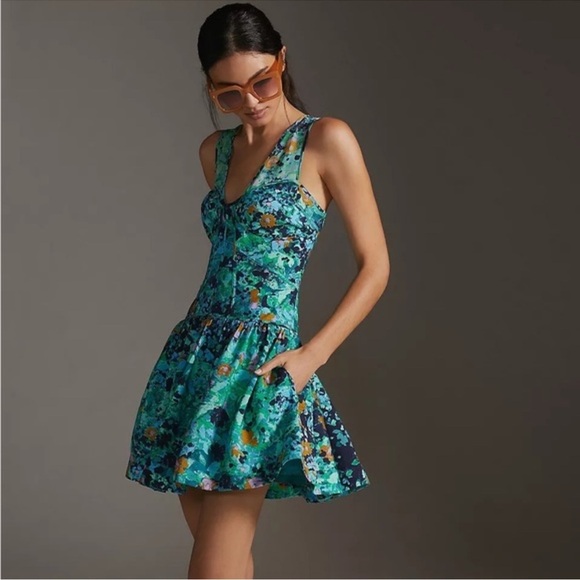 Anthropologie Corset Mini Dress Size 4P In Green - Picture 1 of 13